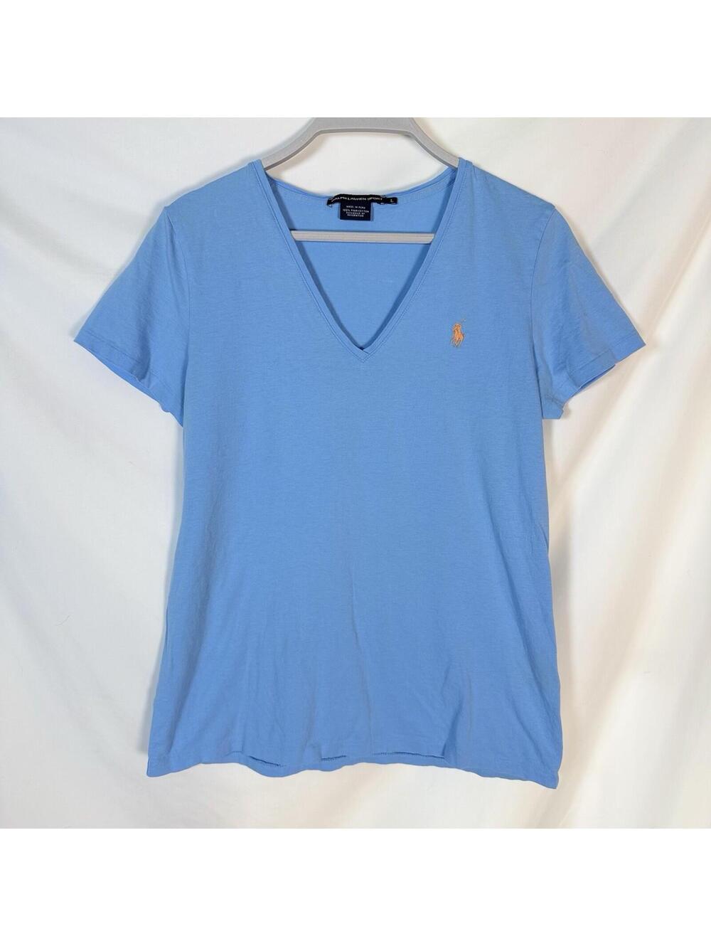 Ralph Lauren Sport Women's Large Cotton Short Sleeve Blue V-Neck T-Shirt